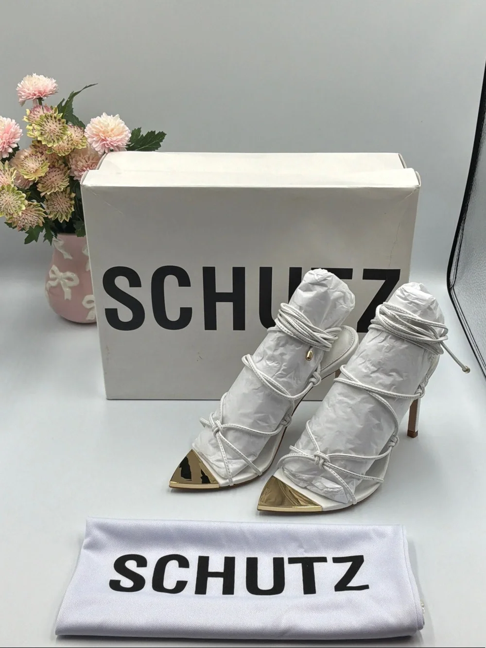 SCHUTZ White Strappy Pointed-Toe Stiletto Sandals with Gold Toe Accent